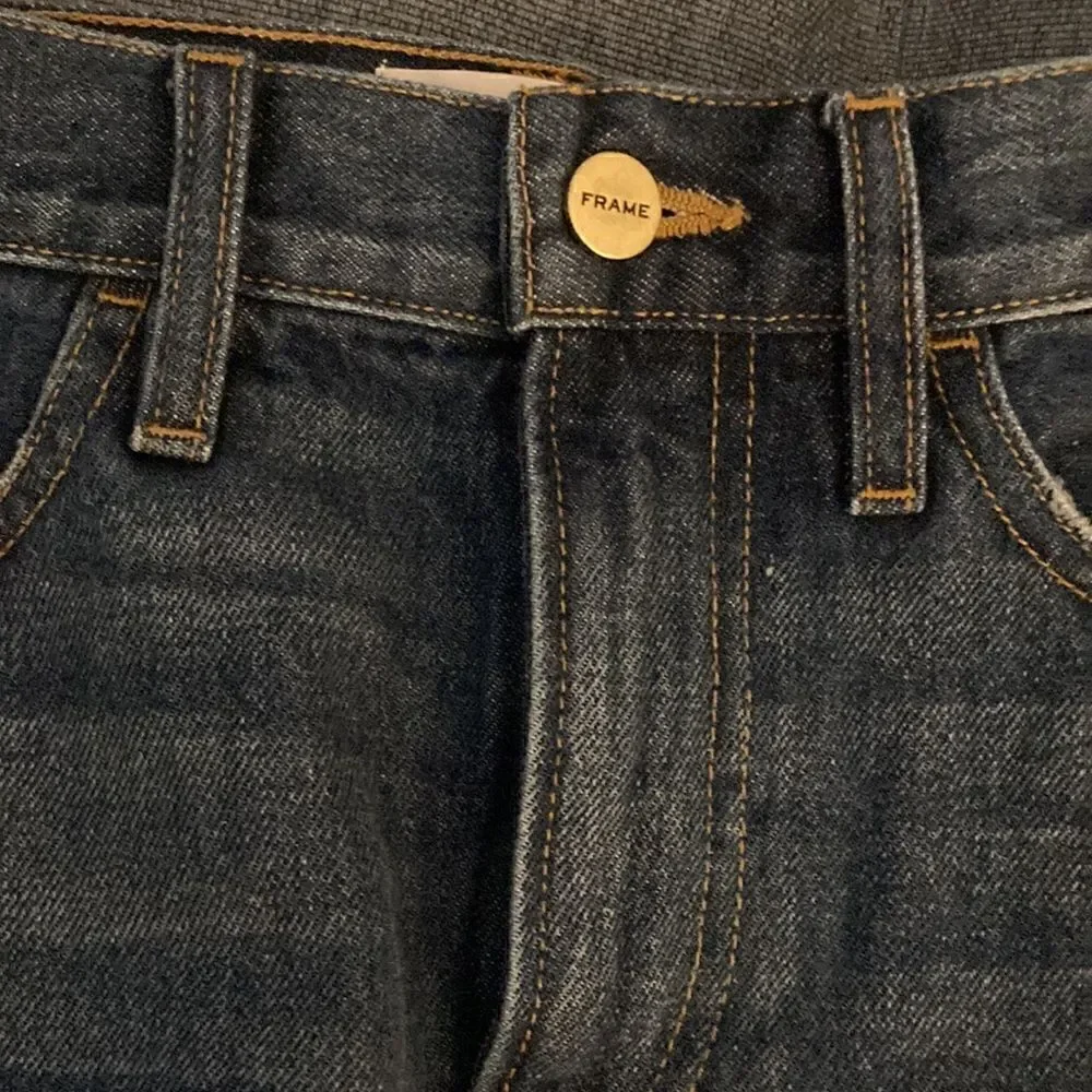 Frame Denim Mini Skirt with Raw Staggered Hem and Side Stripe/Fringe. Size 25.